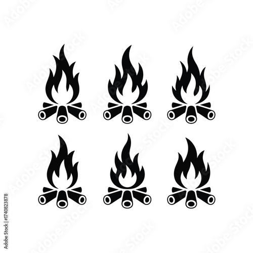 Six stylized campfire illustrations with wood logs and flames