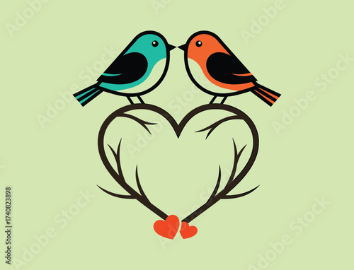Two birds perched on a heart shaped branch with small hearts at the bottom