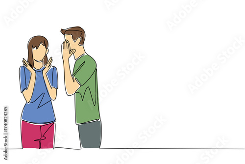 Continuous one line drawing a man whispers to a woman who raises both her hands. Seduced by whispering romantic love sentences. Very loving. Surprise. Single line draw design vector illustration
