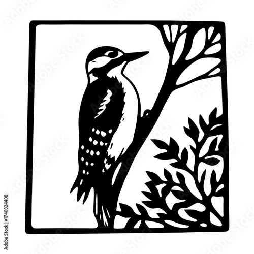 Black and White Woodpecker in a Tree Branch Square Design