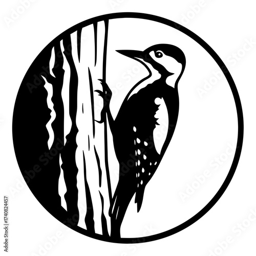 Monochromatic depiction of a woodpecker clinging to a tree trunk artfully designed