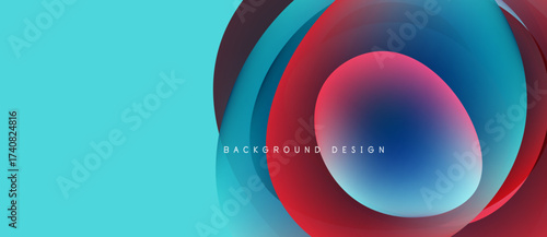 Abstract design features overlapping circles, vibrant colors. Turquoise background contrasts with red, blue gradients. Modern, dynamic composition.