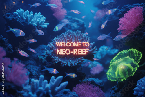 Dive into a mesmerizing neo-reef teeming with translucent fish and vibrant coral, perfect for captivating audiences with its stunning underwater ecosystem and futuristic charm