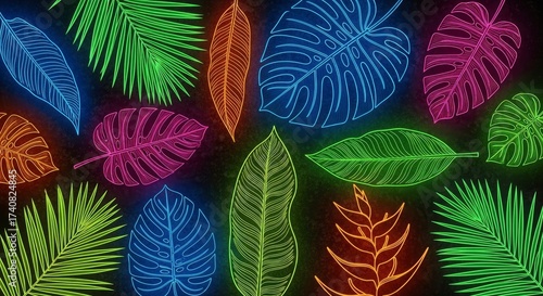 Vibrant neon outlines of tropical leaves glow against a dark, textured background, creating a modern, abstract jungle pa...
