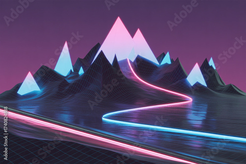 Stunning neon landscape with glowing mountains and winding trails creates a futuristic, dynamic scene perfect for technology concepts and digital art projects