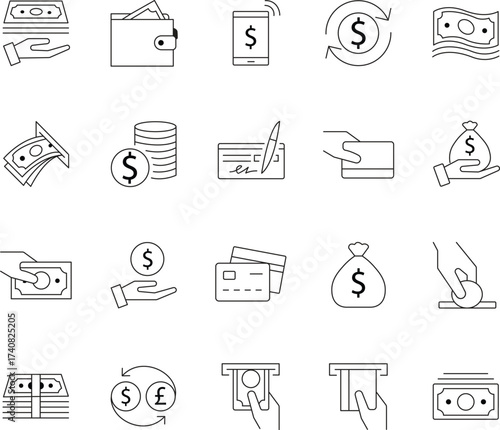 Editable stroke line icons for finance and business concepts