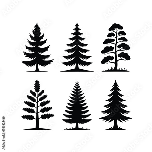 Collection of six stylized black silhouette evergreen trees