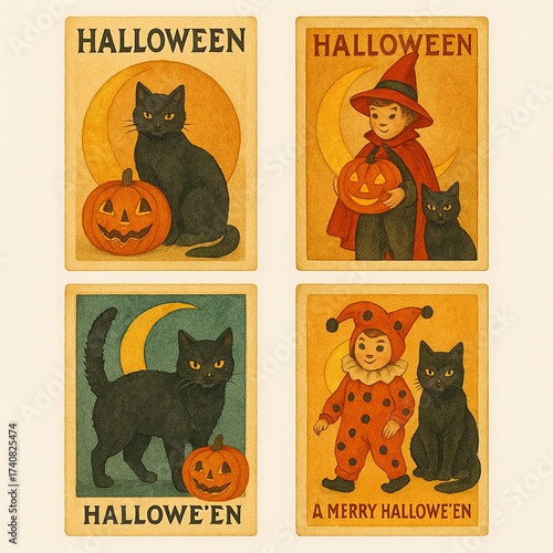 A collection of vintage Halloween postcards featuring playful black cats, pumpkins, and festive children in costumes, capturing the spirit of the holiday in a nostalgic style.
