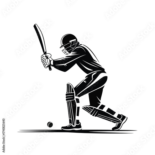 Silhouette of a cricket player batting in action