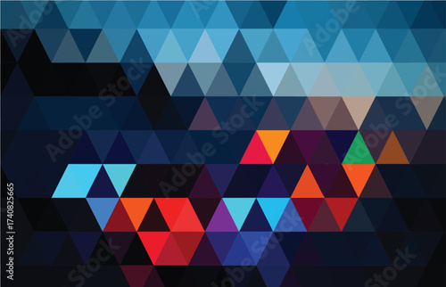 Abstract Geometric Mosaic of Blue and Colorful Triangles