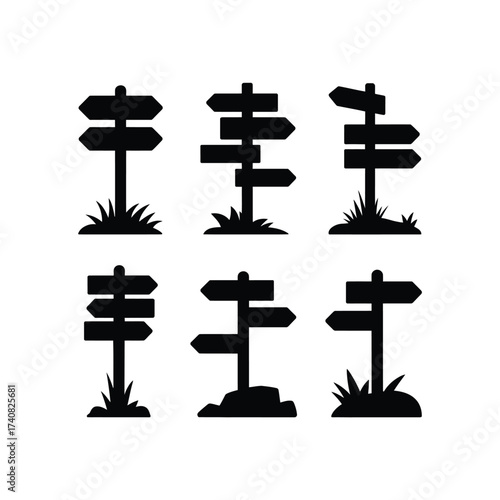 Silhouette signposts showing different directions on white background