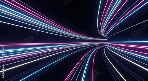Fototapeta Naklejka Na Ścianę i Meble -  3D Tunnel with Neon Glowing Lines Abstract Background with Pink Blue and White Lights