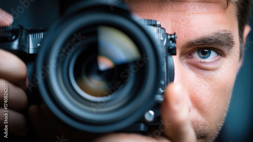 Close up of male filmmaker eye looking through camera lens, focusing intently, sharp detail dramatic lighting, capturing creativity concentration