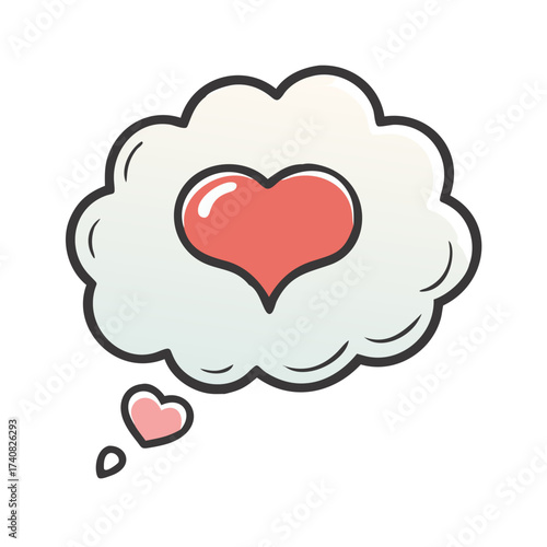 Cartoon heart thought bubble illustration, romantic dream cloud with red heart icon, cute hand-drawn love bubble svg for valentines day