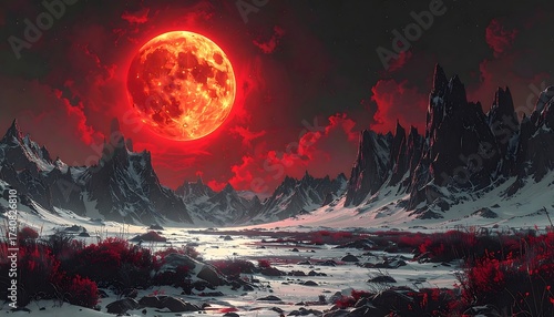 Fantasy Landscape of Snowy Mountains Underneath a Giant Red Moon