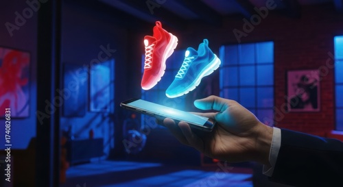 Fiery Red and Icy Blue Phantom Sneakers Clash in a Spooky Halloween Augmented Reality Display Held in a Hand.