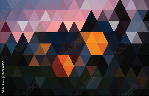Low Poly Abstract Geometric Sunset Over Dark Landscape