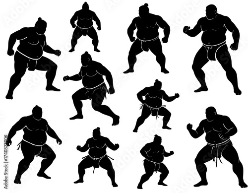 set of silhouettes of people sumo