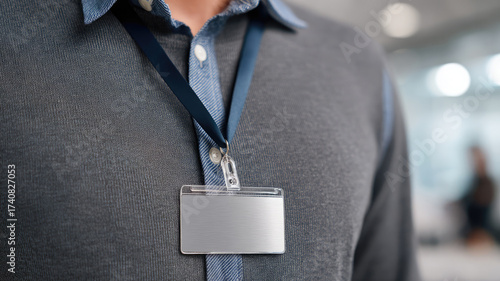 Close up of blank ID badge clipped to lanyard around neck, person wearing blue shirt grey sweater, office environment, professional, secure, identification