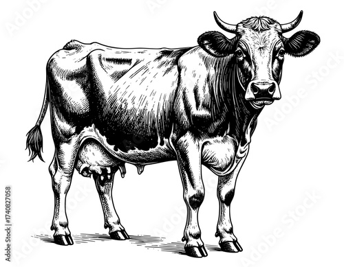 cow isolated on white etching