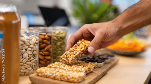 Hand reaching crunchy snack bar from wooden tray, surrounded jars of nuts, seeds, dried fruit, bright office setting relaxed atmosphere