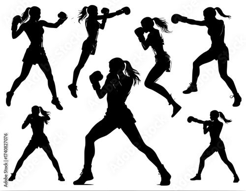 vector silhouettes of boxing girls