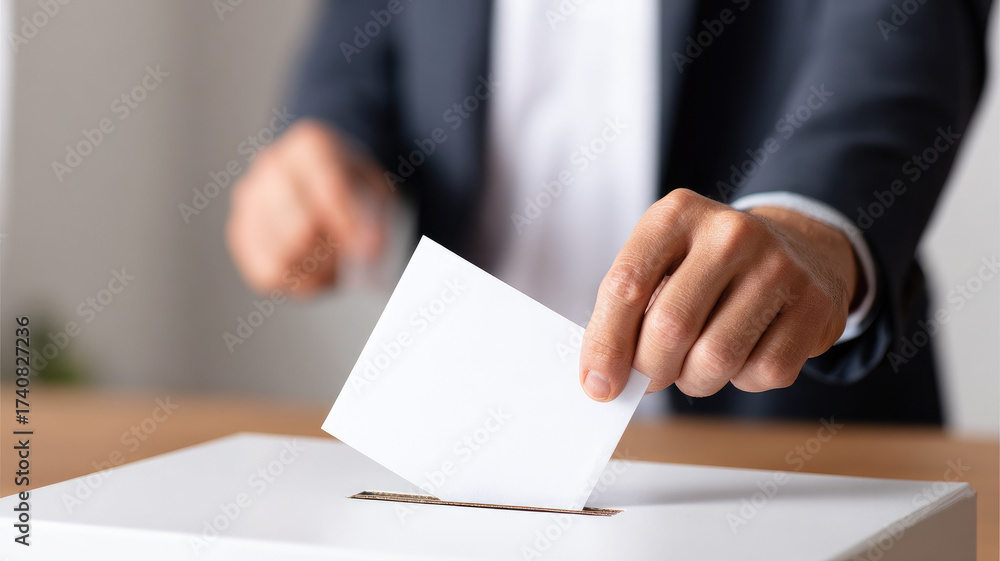 Obraz premium Close up hand ballot vote box election democracy paper decision choice Confident hand placing paper ballot into box close up view symbolizing democracy election decision making civic