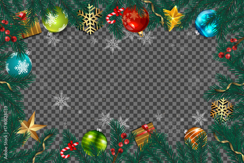 Christmas decorations, colorful ornaments, fir branches and snowflakes creating a frame with transparent background