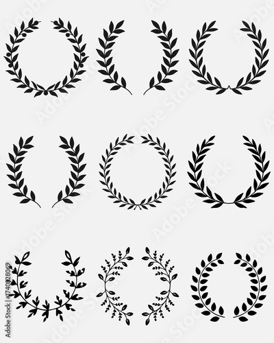 Set of wreaths and branches with leaves. Hand drawing laurel wreaths and branches collection. Laurels wreaths, swirls, twigs and flower ornaments .Black Laurel Wreath Vector Graphic on White Backgroug