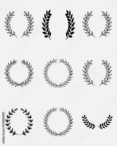 Set of wreaths and branches with leaves. Hand drawing laurel wreaths and branches collection. Laurels wreaths, swirls, twigs and flower ornaments .Black Laurel Wreath Vector Graphic on White Backgroug