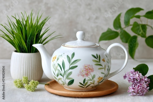 Wallpaper Mural Floral porcelain teapot on wooden coaster with greenery Torontodigital.ca