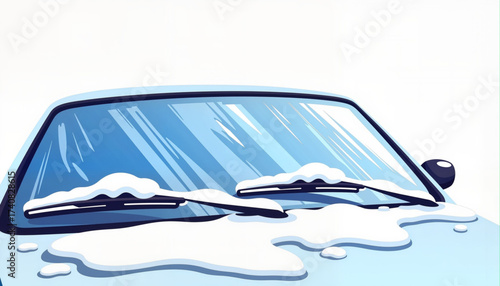 Frozen windshield wiper covered in snow on blue car with ice  