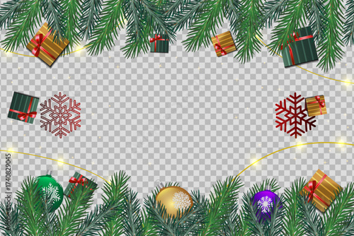 Evergreen branches beautifully frame gifts, snowflakes, and ornaments on a transparent background