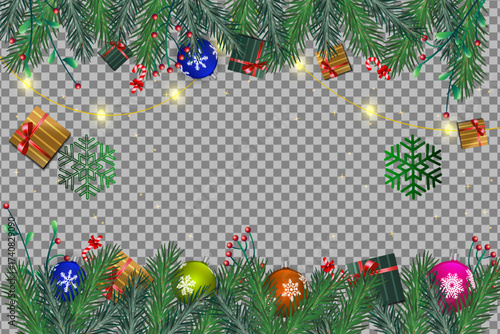 Fir branches adorned with gifts and colorful ornaments scattered on a transparent backdrop