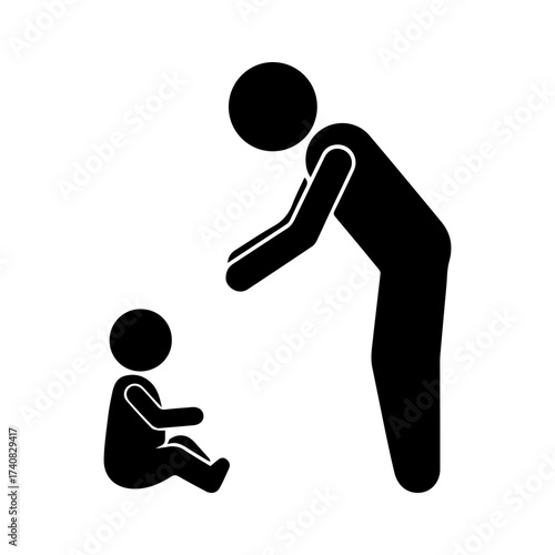 Silhouette stickman parent bending down to pick up baby child sitting on floor, family care concept, parenting responsibility, child protection, love, support, safety, childhood growth illustration.