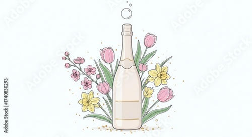 Elegant champagne bottle with spring flowers and golden confetti, perfect for celebrations and special occasions.