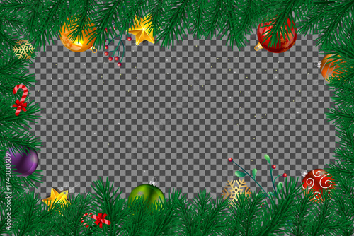 Festive Christmas ornaments and fir tree branches create a border on a transparent background