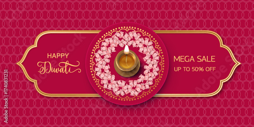 Horizontal Diwali holiday sale banner with gold frame in ethnic style, rangoli mandala with pink flowers and oil lamp