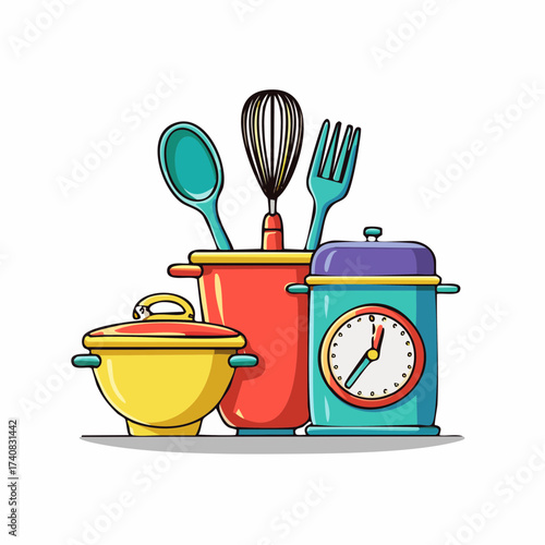 Cooking utensils and timer colorful kitchenware