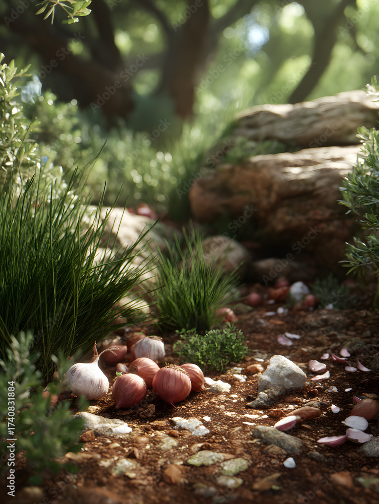 Obraz premium Freshly Harvested Onions and Garlic on Soil Ground with Greenery, Natural Food Ingredients, Organic Produce, Rustic Still Life in a Garden Setting