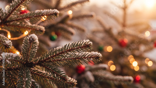 Frosted Pine Tree Branches with Christmas Lights and Ornaments at Sunset