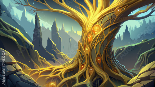 Close-up of Lothlórien golden tree bark, glowing veins, surreal enchanted aura, fantasy details, dreamlike forest environment, mystical design, epic close-up artwork, legendary imaginative world, fair