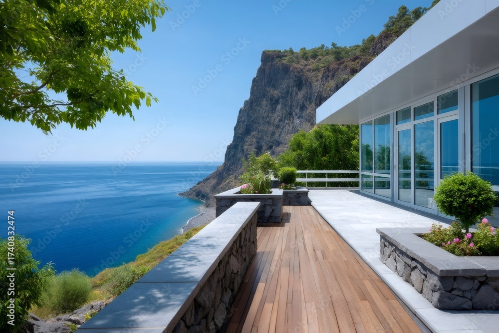 Obraz premium Modern building balcony with ocean view landscape