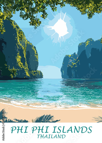 Vector illustration of Phi Phi Islands in Thailand, capturing a pristine beach with turquoise waters, ideal for travel and tourism advertising, showcasing Southeast Asia's beauty.