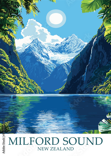 Vector illustration of Milford Sound in New Zealand, featuring a serene fjord with towering mountains, ideal for travel promotions and showcasing natural landscapes.