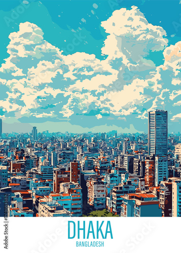 Vector illustration of Dhaka, Bangladesh, showcasing a bustling cityscape with high-rise buildings, vibrant rooftops, and dynamic skyline, ideal for architectural and urban planning designs.