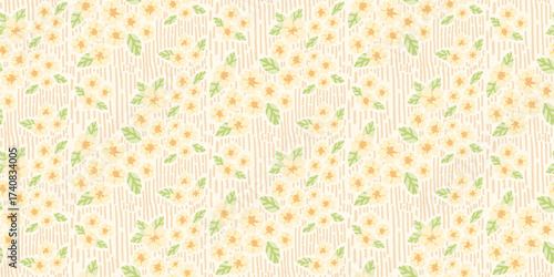 Yellow cherry blossom seamless pattern, hand-drawn sakura flowers in warm spring tones