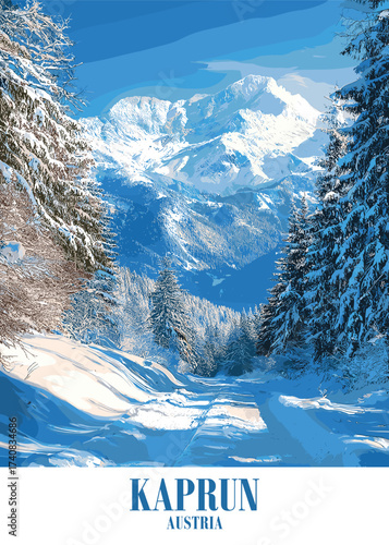 Breathtaking vector illustration of Kaprun, Austria depicting a serene winter landscape with snow-covered trees and majestic mountain views.
