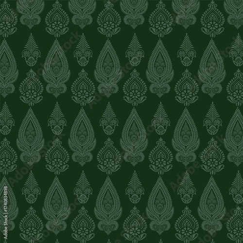 Elegant seamless Indian paisley pattern. Classic damask style ornament in a sophisticated dark green and grey palette. Perfect for traditional textiles, wallpaper, and backgrounds