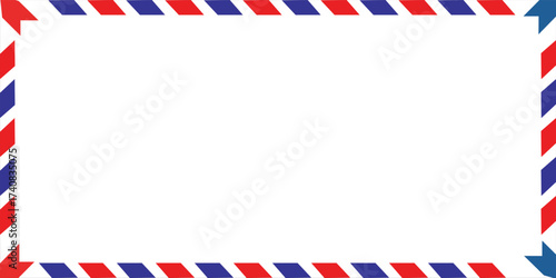 Airmail envelope frame with blue and red stripes on white background. International vintage letter border. 